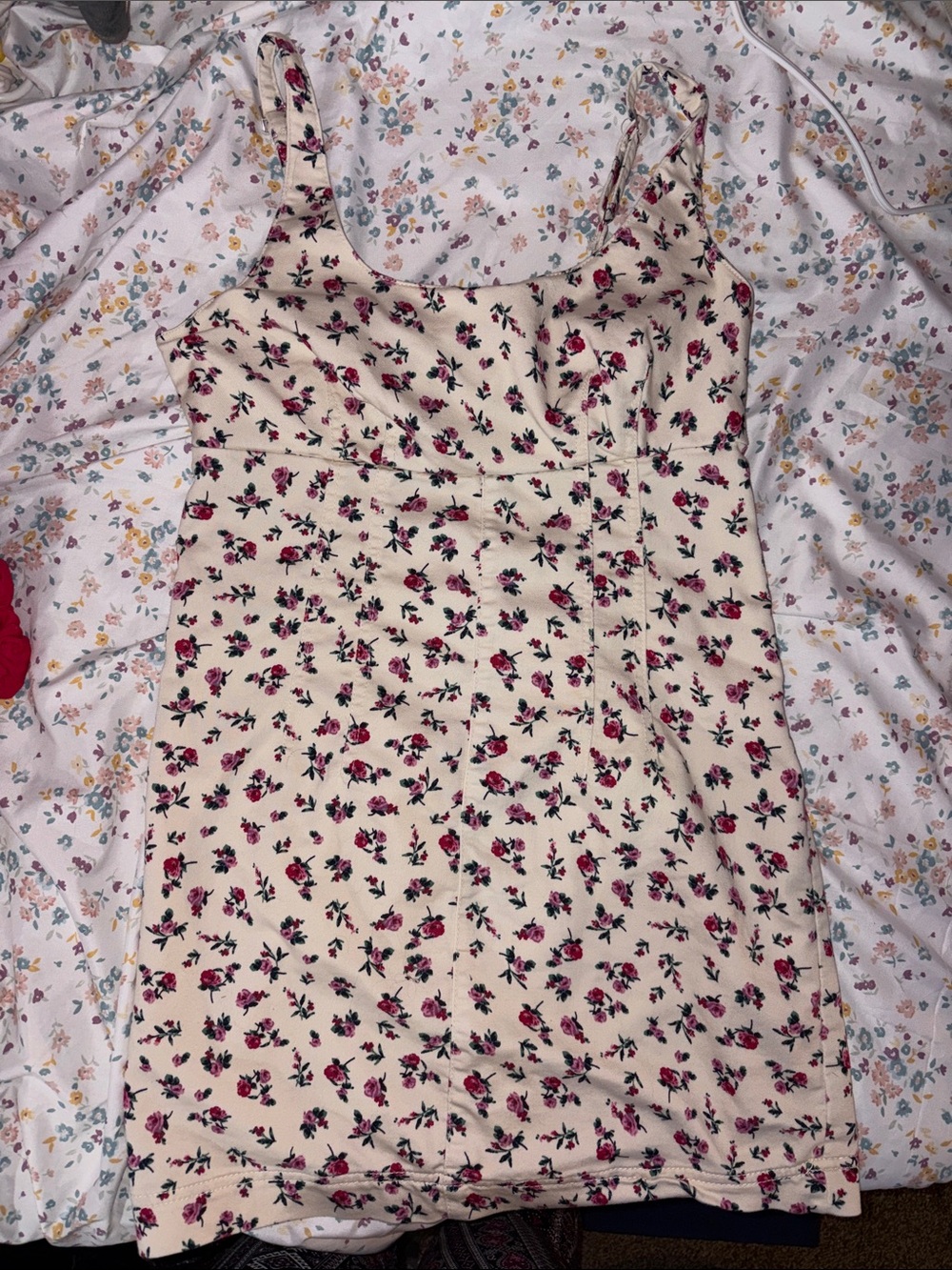 No Boundaries Cream Mini Dress with Pink Rose Print
